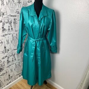 Ms Cambridge Vintage Jewel toned Teal Trench Rain Coat Belted Women 10P